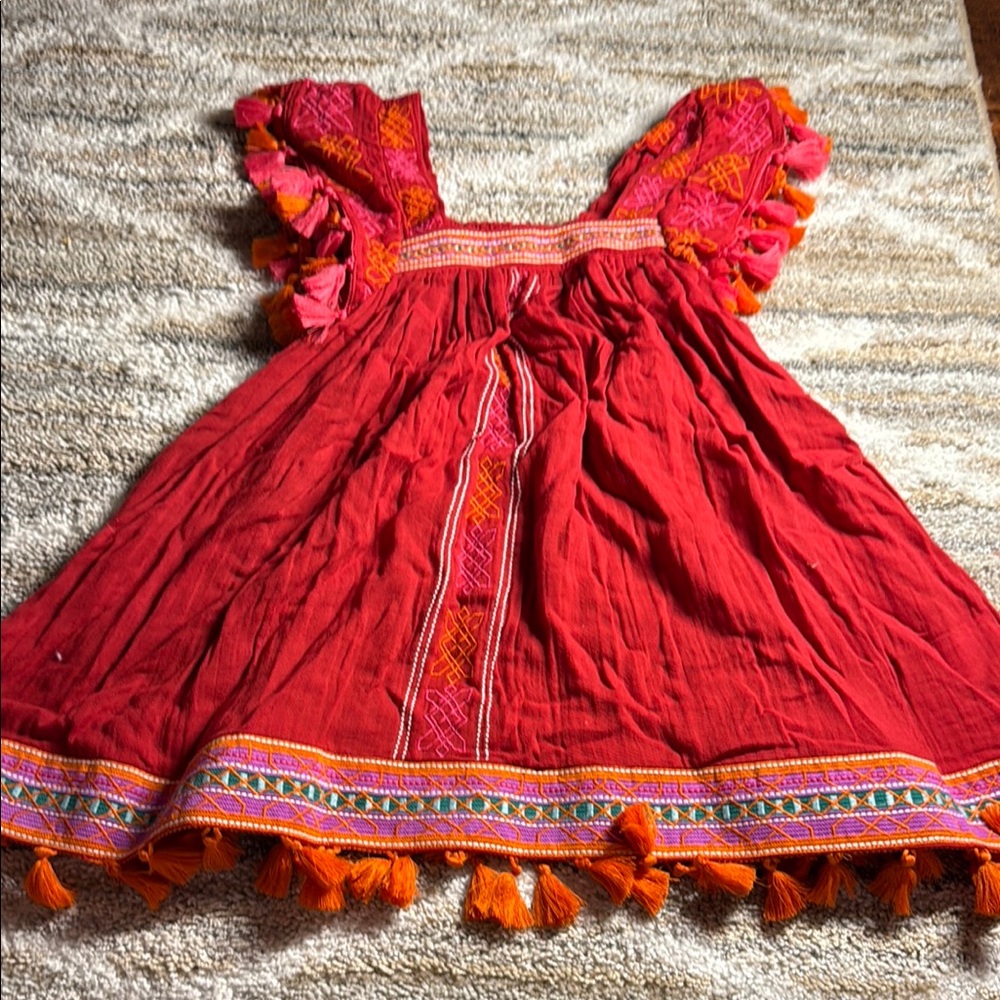 Vibrant Red and Pink Dress with Tassel Details. Size 8 light dress w tassels